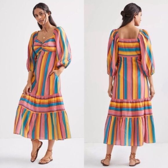 🌺 🆕 🌸 Anthropologie Farm Rio Rainbow Stripe Midi Dress🌺 - Picture 4 of 15